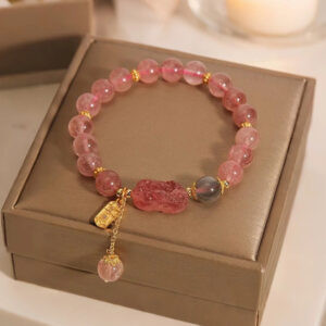 strawberry quartz pixiu lucky bracelet | gray moonstone