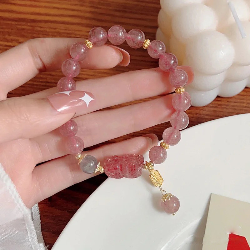 strawberry quartz pixiu lucky bracelet | gray moonstone