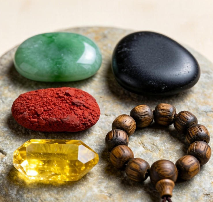 Side-by-side comparison chart of four lucky stones: jade for protection, obsidian for clearing negativity, cinnabar for wealth luck, and citrine for attracting money