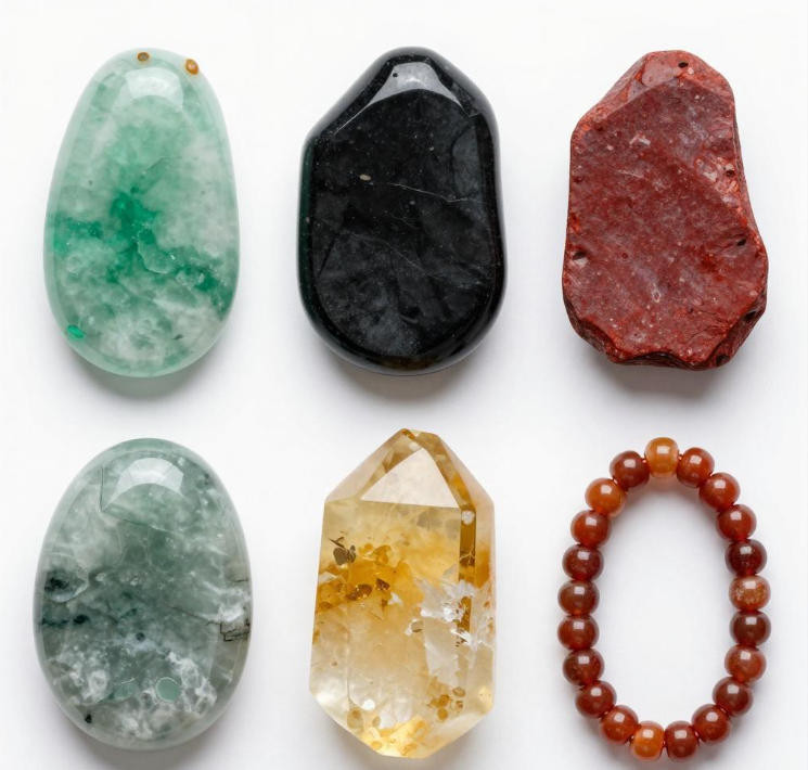 Five lucky stones for jewelry: jade bracelet, obsidian pendant, cinnabar red string, citrine crystal, and mala meditation beads arranged on a light surface