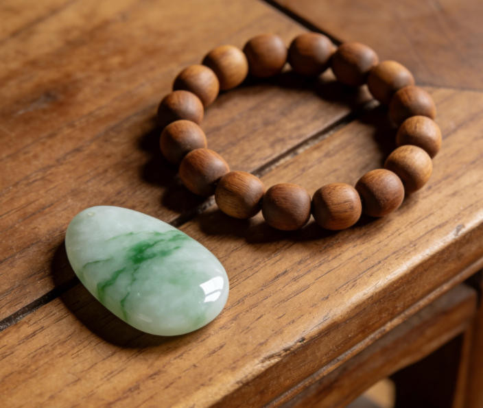 Small collection of quality jewelry on wooden surface: jade bracelet and wooden bead bracelet in natural light